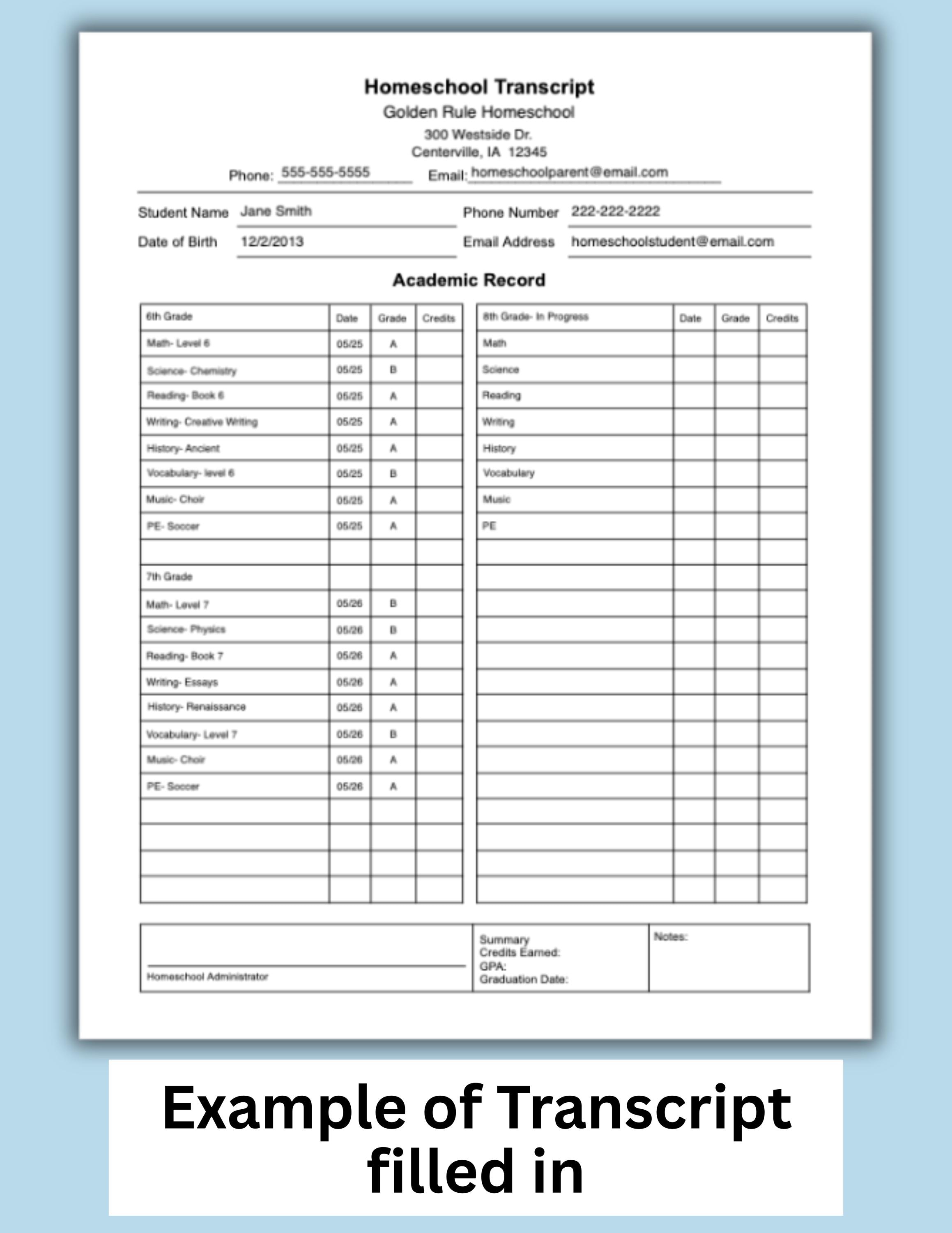 Middle School Homeschool Transcript, Junior High or High School ...
