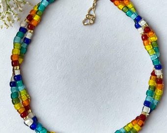 Double Rainbow Beaded Bracelet – Color Pop Glass Beads with Gold Clasp