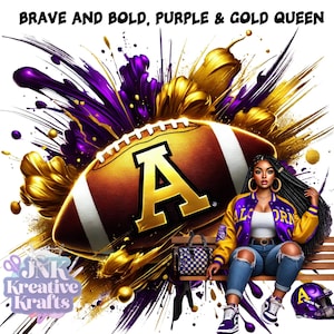 May include: A purple and gold football with the letter "A" on it. A woman wearing a purple and gold jacket with the word "ALCORN" on it is sitting on a bench. The background is a purple and gold explosion of paint.