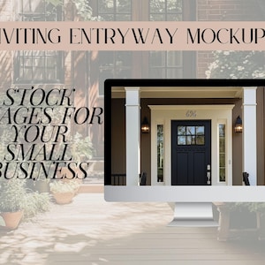 Puede incluir: Una maqueta de pantalla de ordenador que muestra una foto de la entrada de una casa con una puerta negra y molduras blancas. El número de la casa 696 es visible sobre la puerta. El texto "STOCK IMAGES FOR YOUR SMALL BUSINESS" es visible en la pantalla.