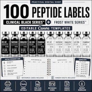 May include: A digital product display featuring 100 peptide labels in Clinical Black and Frost White series. Includes ten glass vials with printed labels, a peptide reference card, an inventory log, a reconstitution log, and a dosage guide.