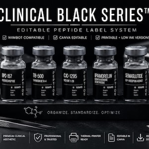 May include: Black and white product image featuring five vials of peptides labeled with scientific names and dosages. The vials are in a black tray, with text that reads "CLINICAL BLACK SERIES" and "EDITABLE PEPTIDE LABEL SYSTEM". Additional text includes "ORGANIZE, STANDARDIZE, OPTIMIZE".