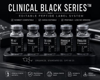 Paquete de Canva con plantillas editables para etiquetas de péptidos / Clinical Black Series™ / Etiquetas imprimibles para viales + Tarjetas de referencia + Rastreador de inventario