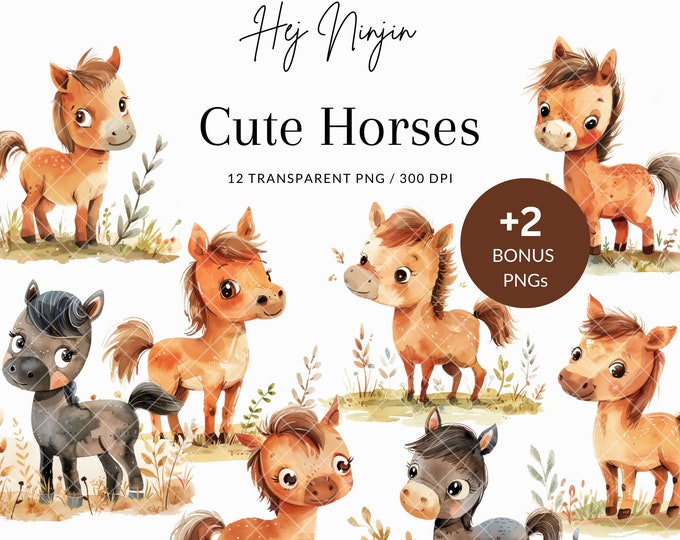12 Cute Horse Clipart Bundle - Watercolor Horse, Baby Animals, Cute ...