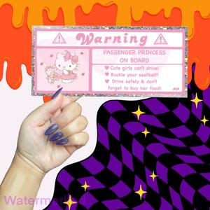 May include: A pink and white warning sign with a Hello Kitty illustration. The sign reads "Passenger Princess On Board" and includes safety instructions like "Cute girls can't drive! Buckle your seatbelt! Drive safely & don't forget to buy her food!"