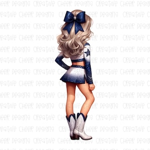 May include: A cheerleader with blonde hair and a blue and white uniform with a star on the front. She is wearing white cowboy boots and a blue bow in her hair.