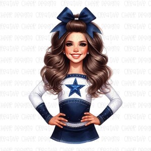 May include: A digital illustration of a cheerleader wearing a white and blue uniform with a large blue star on the front. She has long brown hair with a blue bow and is smiling.