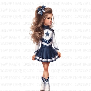 May include: A young girl wearing a blue and white cheerleading uniform with a star on the front. She has brown hair with a blue bow and is wearing white cowboy boots.