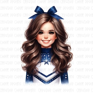 May include: A young girl wearing a white and blue cheerleading uniform with a large blue bow in her hair. The uniform has a large silver star on the front and a silver stripe on the sleeve. The girl has long brown hair and is smiling.