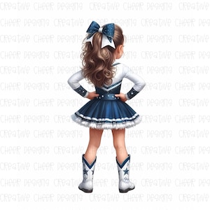 May include: A young cheerleader wearing a blue and white uniform with a star pattern. She has a ponytail with a blue and white bow. She is wearing white cowboy boots with a star design.