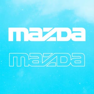 May include: Two white "mazda" logos are displayed against a light blue background with a cloudy texture. The top logo is solid, while the bottom one has a white outline. The logos are centered and stacked vertically.