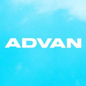 May include: The word "ADVAN" in bold white letters is centered against a light blue background with a cloudy effect. The text is large and prominent, creating a striking visual contrast.