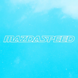 May include: The image features the white text "MAZDASPEED" in a stylized font against a light blue background with a cloudy effect. The text is outlined, giving it a three-dimensional appearance. The overall aesthetic is clean and modern.