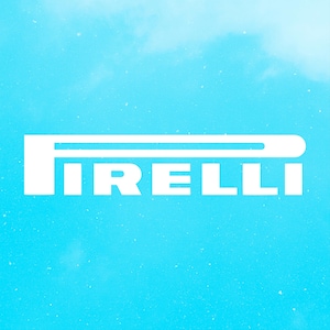 May include: White "PIRELLI" logo on a light blue background with a cloudy effect. The logo features a horizontal bar above the text, with the letter "P" connected to the bar.