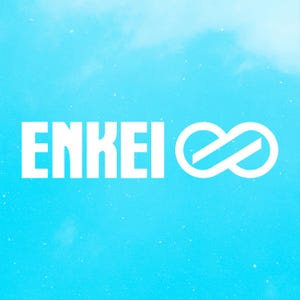 May include: White "ENKEI" text with a stylized infinity symbol on a light blue background with a cloudy effect. The logo is clean and modern, suitable for branding and promotional materials.