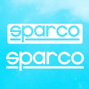 May include: White "sparco" logo on a light blue background. The logo appears twice, once inside a white rectangle and again below it. The background has a cloudy, textured appearance.
