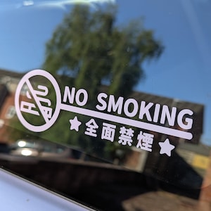 May include: White "No Smoking" sticker with text in English and Chinese characters. The sticker features a circular graphic with a crossed-out cigarette and the words "NO SMOKING" above Chinese characters, all in white.