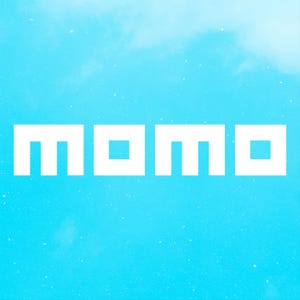 May include: White "MOMO" text on a light blue background. The text is in a bold, sans-serif font, with each letter composed of a square with a smaller square in the center of the "O"s.