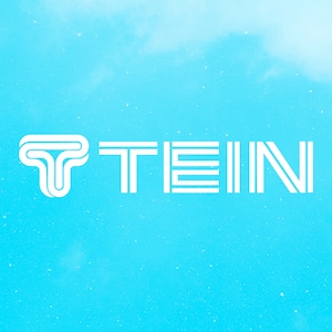 May include: White stylized text spelling "TEIN" against a light blue background with a cloudy effect. The "T" on the left has a unique, curved design, while the "E" and "N" are composed of parallel lines.