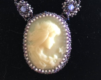 Hand Beaded Cameo Necklace: Purple Crystal & Silver Chain, 20"
