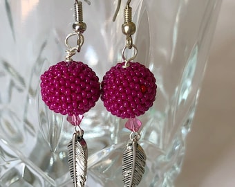 Raspberry Beaded Bead With Silver Feather Earrings