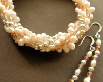 Pearl and Crystal Crocheted Bracelet with Earrings