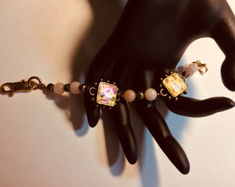 Pink Quartz Beaded Bracelet – Brass Hook Closure, Polymer Clay Charms