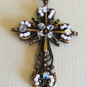 Swarovski and Pearl Antique Brass Filigree Cross Pendant