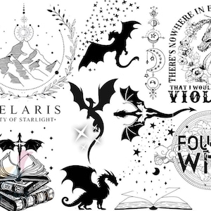 Fourth Wing & Velaris デジタルデザインバンドル | ファンタジーブック風クリップアート | ドラゴン、月、引用句 SVG/PNG | すぐにダウンロード