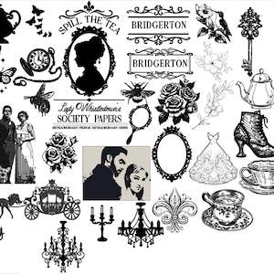 May include: A collection of black and white illustrations featuring elements like butterflies, teacups, a silhouette, a key, a dress, and the text "Spill the Tea" and "Bridgerton". The images are in a vintage style.