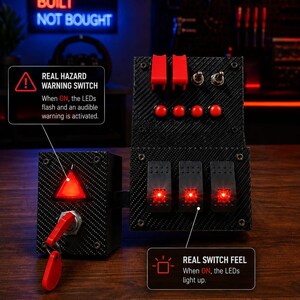 May include: A black sim racing button box with a carbon fiber texture, featuring two red toggle switches, two metal toggle switches, four red push buttons, and three black rocker switches with red LEDs. A separate hazard switch unit has a red key.