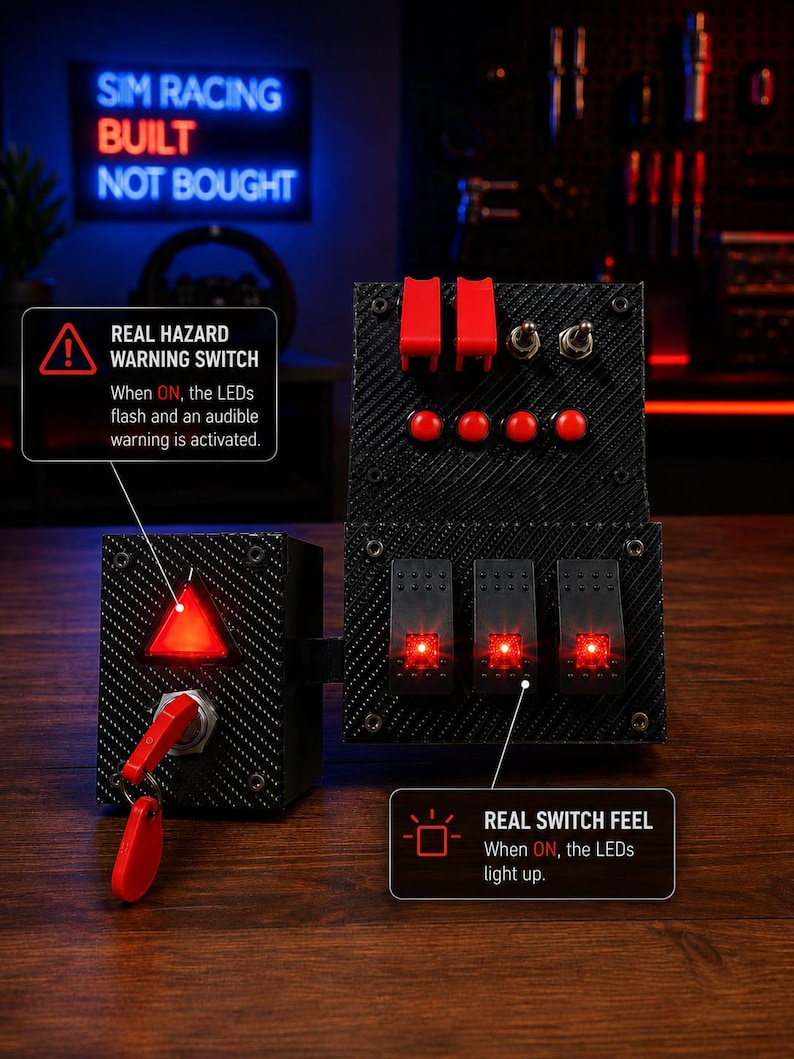 May include: A black sim racing button box with a carbon fiber texture, featuring two red toggle switches, two metal toggle switches, four red push buttons, and three black rocker switches with red LEDs. A separate hazard switch unit has a red key.