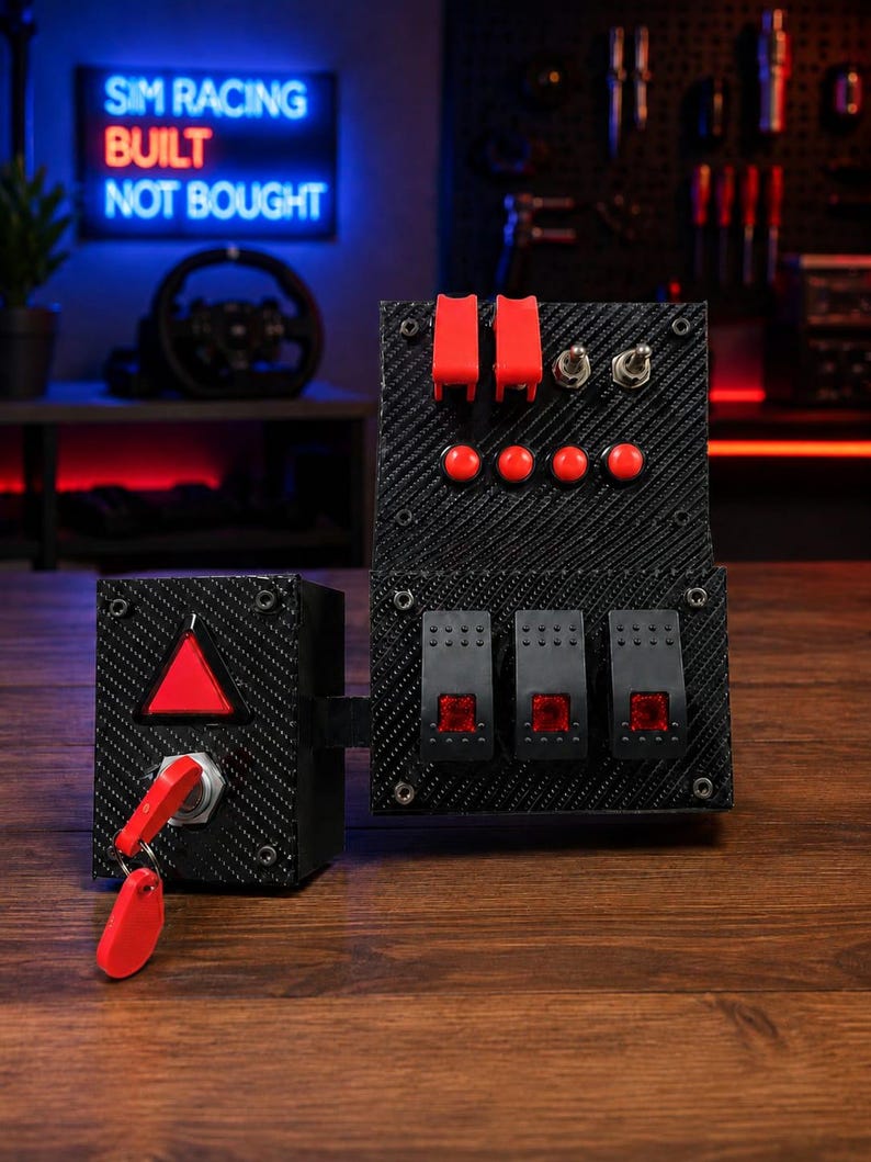 May include: A black carbon fiber textured sim racing button box featuring two red safety toggle switches, two metal toggle switches, four red push buttons, three black rocker switches with red indicators, a red triangle light, and a red ignition key.