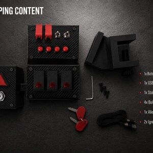 May include: A black button box with red accents, featuring toggle switches, push buttons, and a key ignition. The set includes a mounting stabilizer, four bolts, an Allen key, two red-topped ignition keys, and a USB cable, all displayed together.