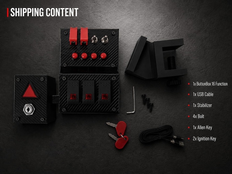 May include: A black button box with red accents, featuring toggle switches, push buttons, and a key ignition. The set includes a mounting stabilizer, four bolts, an Allen key, two red-topped ignition keys, and a USB cable, all displayed together.
