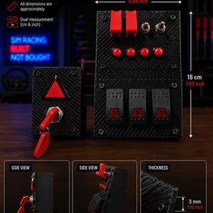 May include: A black carbon fiber textured sim racing button box with red toggle switches, push buttons, and a keyed ignition switch. The unit measures 8.66 inches wide by 7.09 inches high, with a 3 mm thickness and side profiles of 2.76 and 3.15 inches.