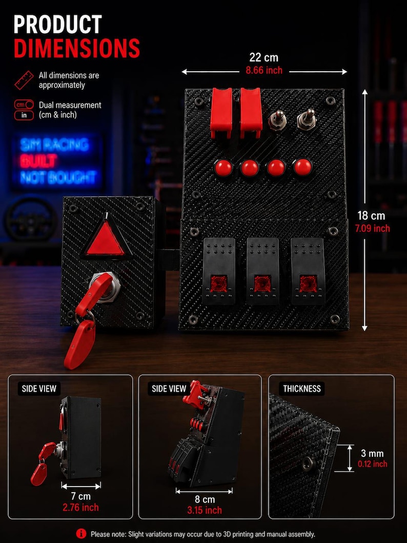May include: A black carbon fiber textured sim racing button box with red toggle switches, push buttons, and a keyed ignition switch. The unit measures 8.66 inches wide by 7.09 inches high, with a 3 mm thickness and side profiles of 2.76 and 3.15 inches.