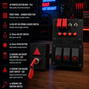 May include: A black carbon fiber textured sim racing button box featuring two red toggle switches, two metal toggle switches, four red push buttons, three black LED rocker switches, a red hazard light switch, and a metal ignition key.