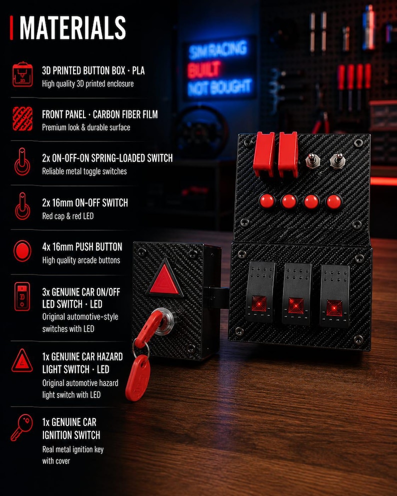 May include: A black carbon fiber textured sim racing button box featuring two red toggle switches, two metal toggle switches, four red push buttons, three black LED rocker switches, a red hazard light switch, and a metal ignition key.