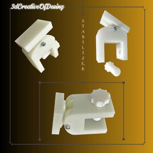 May include: A white 3D-printed stabilizer clamp featuring a U-shaped bracket, a flat mounting plate, and a circular adjustment knob. The component includes metal hardware and is displayed from three different angles with the text 3dCreativeOfDesing and STABILIZER visible.