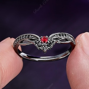 Gothic Bat Wing Lab Ruby Wedding Ring,Black Plated Curved Band with Black Spinel,Mystical Dark Stacking Ring,Unique Alternative Gift for Her