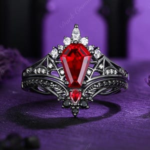 Vampire Ruby Engagement Ring Set With Moissanite Crown,Gothic Dark Black Spinel Wedding Ring, Horror Bat Wing Bridal Ring Set,Gift for Women