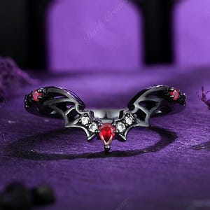 Gothic Bat Wing Lab Ruby Hollow Wedding Ring With Black Onyx,Black Plated Vampire Wedding Band, Curved Stacking Ring, Halloween Gift for Her