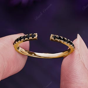 Minimalist Black Onyx Open Wedding Ring, Yellow Gold Stacking Band, Custom Anniversary Gift Women