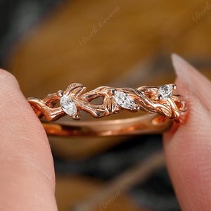 Nature Inspired Marquise Moissanite Wedding Band - 10K Rose Gold Leaf Vine Ring, Unique Gemstone Stacking Ring, Anniversary Gift for Women