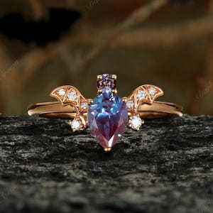 Gothic Bat Wing Lab Alexandrite Ring, 10K Rose Gold Fantasy Ring, Color Changing Gemstone Ring, EveryDay Wear Moissanite Ring, Gift for Her