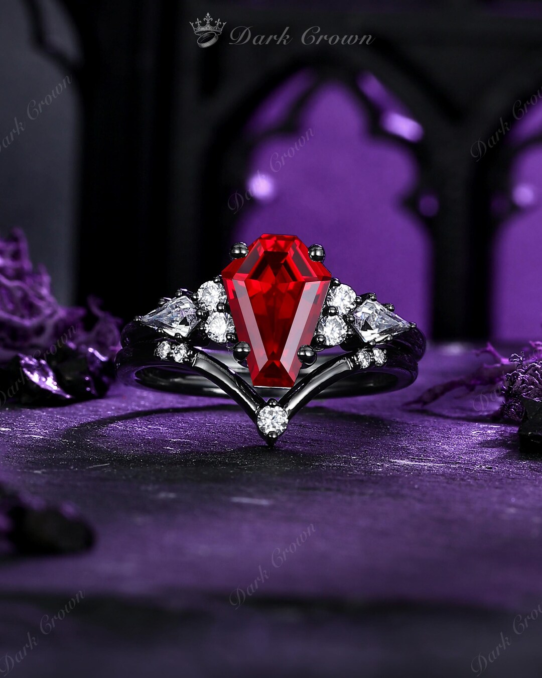 Vampire Coffin Lab Grown Ruby Engagement Ring Set, Gothic Black Gold ...