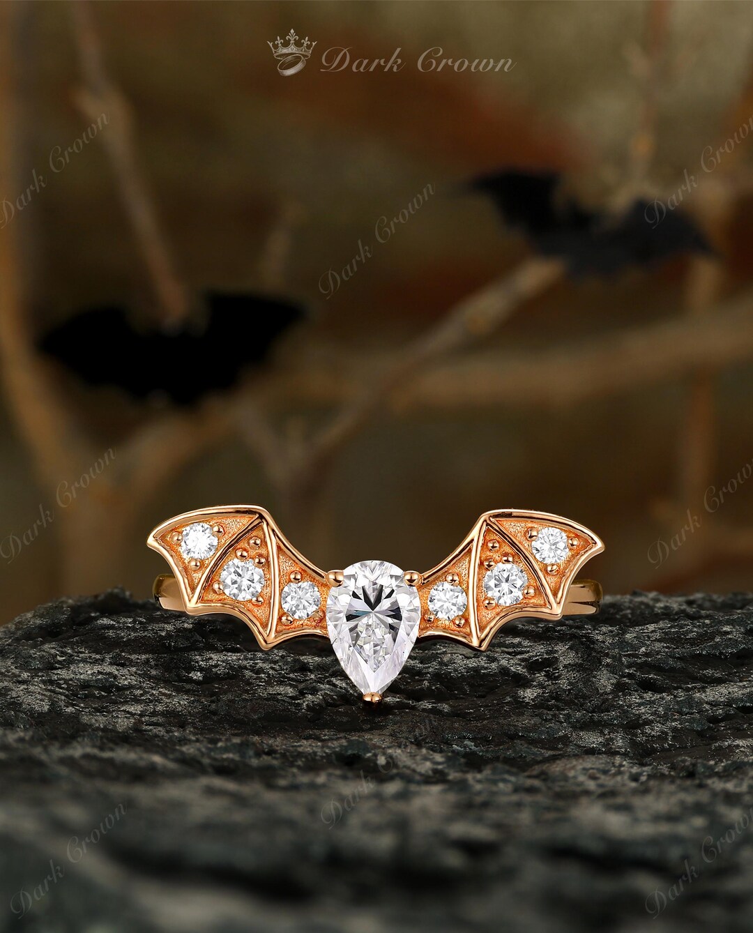Bold Bat Wing Moissanite Engagement Ring, 10K Rose Gold Gemstone Ring ...