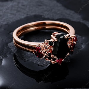 Gothic Black Onyx and Ruby Spider Web Ring Set,  Unique Rose Gold Ring Set, Stacking Curved Band,  Alternative Bridal Jewelry Set for her