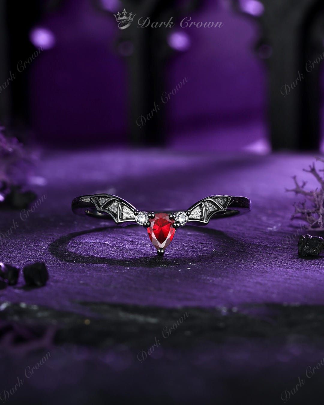 Gothic Pear Ruby Bat Wing Curved Wedding Band, Vampire Moisanite ...